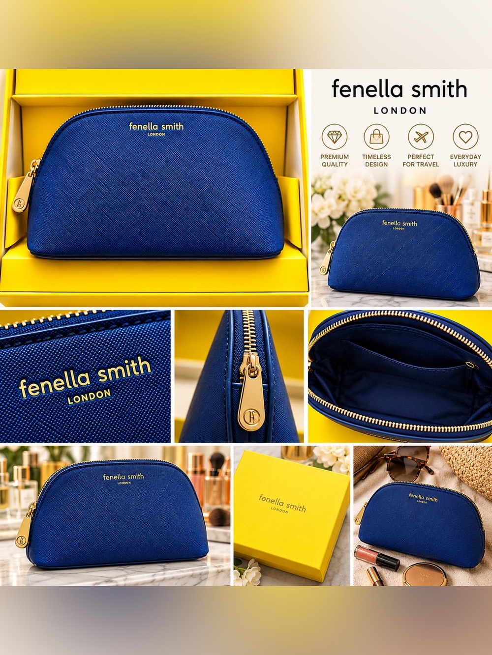 💙 Fenella Smith London Navy Oyster Cosmetic Pouch | Original Gift Box